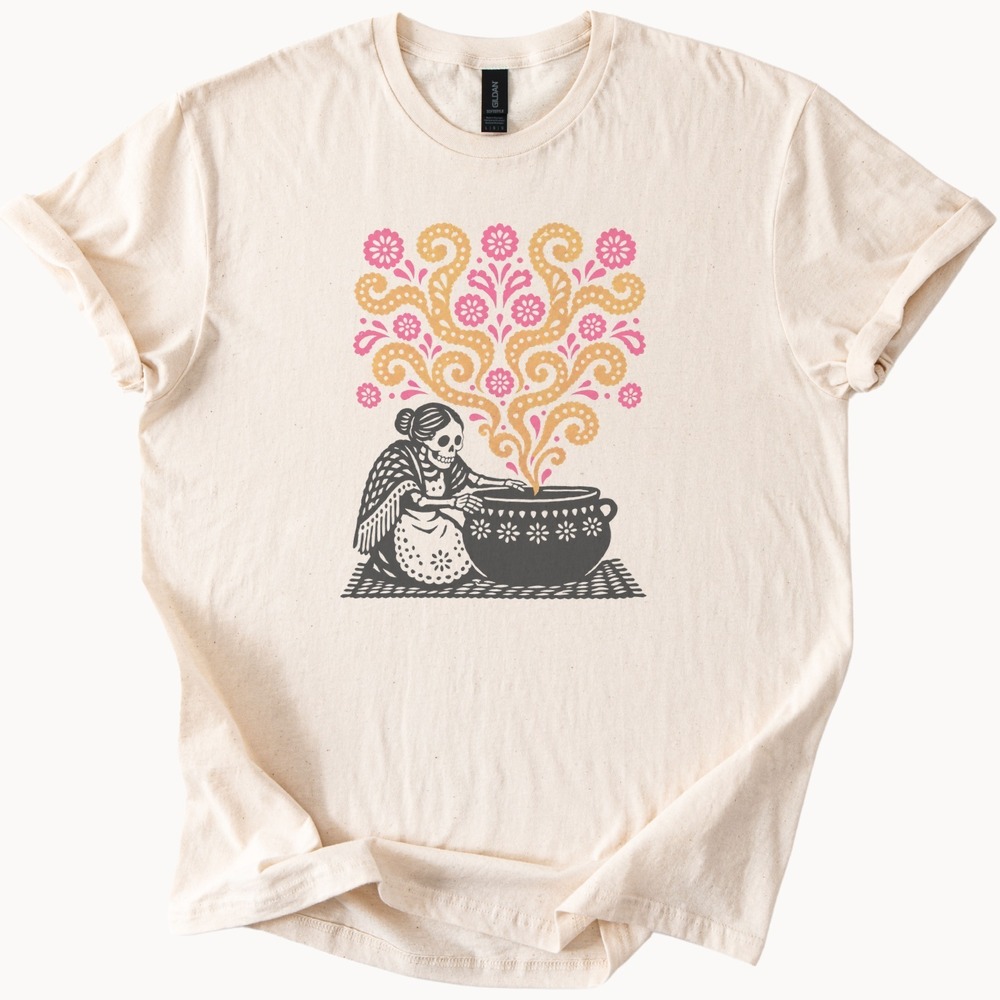 Skeleton Cook Stirring Her Folk-Art Cauldron Tee